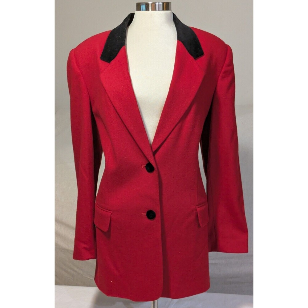 90'S Jaclyn Smith Red 100% Wool Jacket/Blazer Lined Sz 8 Black Velvet Collar EUC